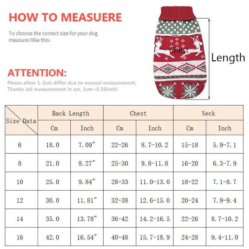 Size chart for cute cat sweater costume with measurements for back length, chest, and neck.