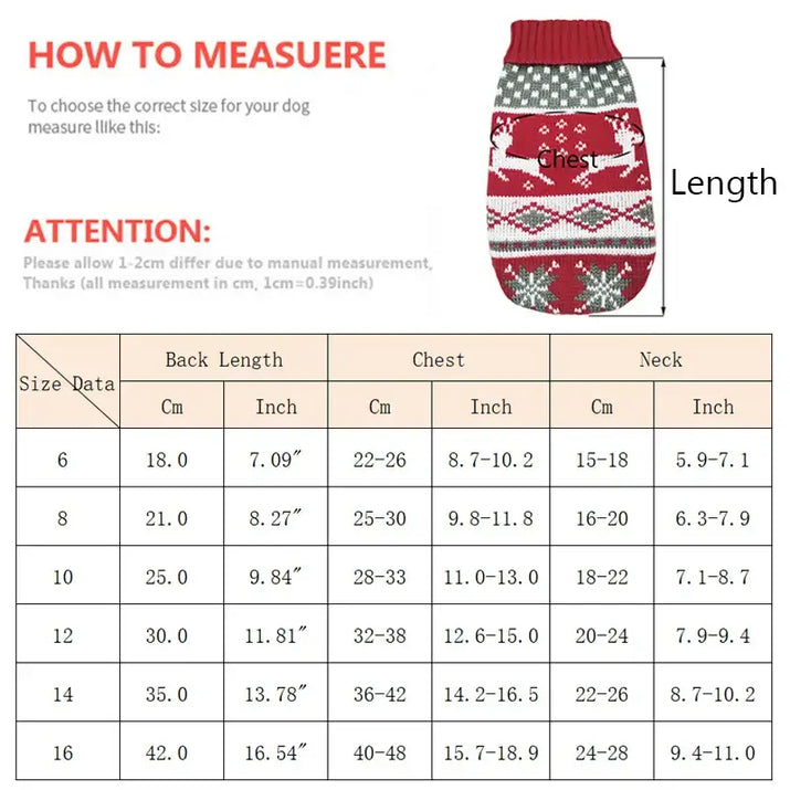 Size chart for cute cat sweater costume with measurements for back length, chest, and neck.