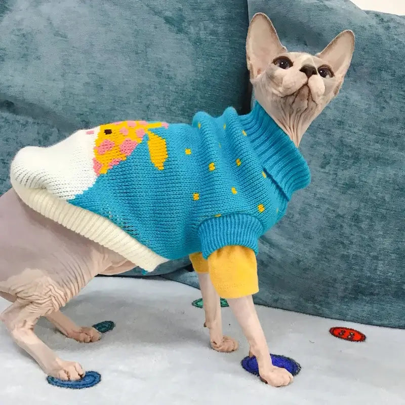 Cute cat sweater costume featuring a stylish blue sweater on a Sphynx cat.