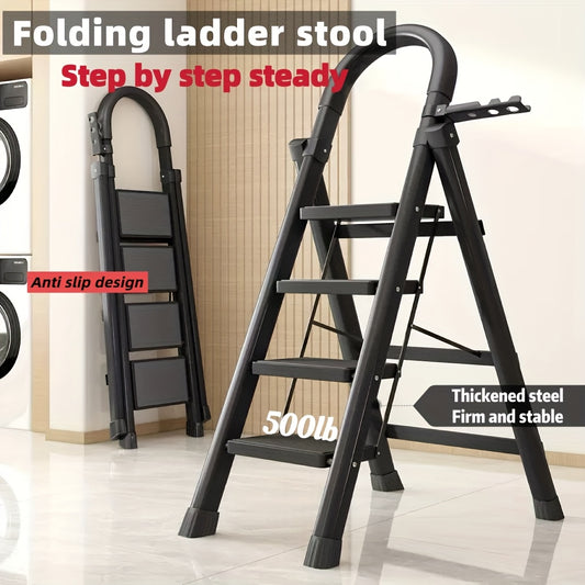 Heavy-duty portable folding ladder with anti-slip design and thickened steel for stability, supporting up to 500 lbs.