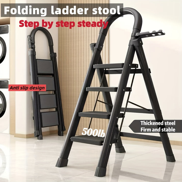 Heavy-duty portable folding ladder with anti-slip design and thickened steel for stability, supporting up to 500 lbs.