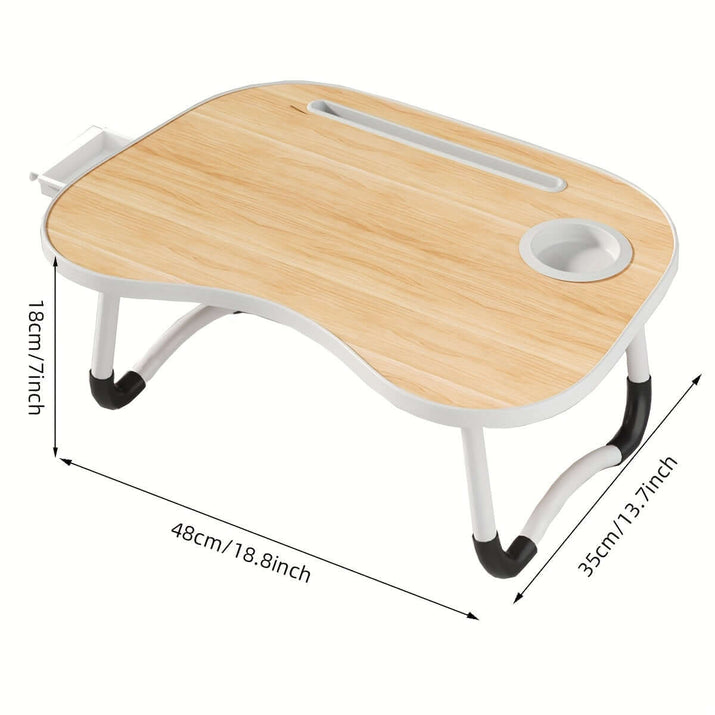 Portable laptop bed table with a wooden top and cup holder, measuring 48cm x 35cm for convenient use.