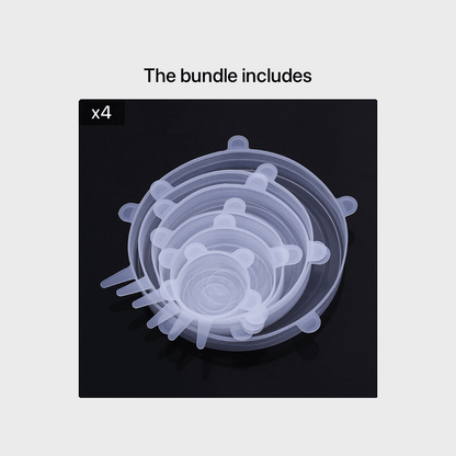 Set of 4 silicone food storage covers in various sizes for easy food preservation.