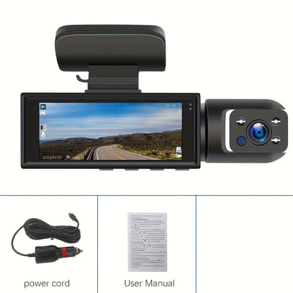 dual camera dash cam with display, power cord, and user manual for enhanced driving safety