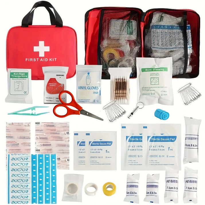 Portable first aid kit for outdoor activities with various medical supplies and tools.