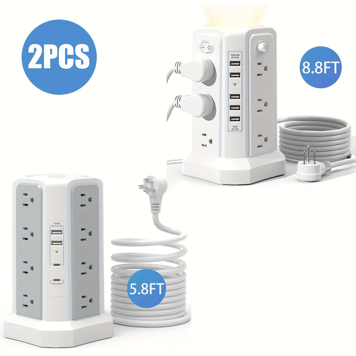 flat plug power board with USB ports featuring various outlets and two cable lengths
