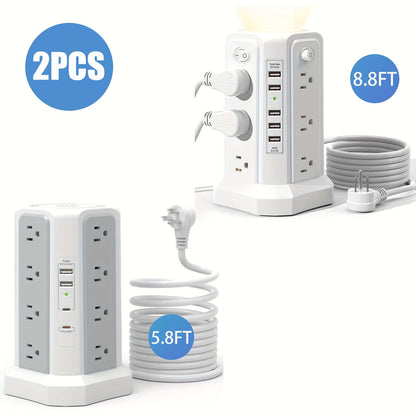 flat plug power board with USB ports featuring various outlets and two cable lengths