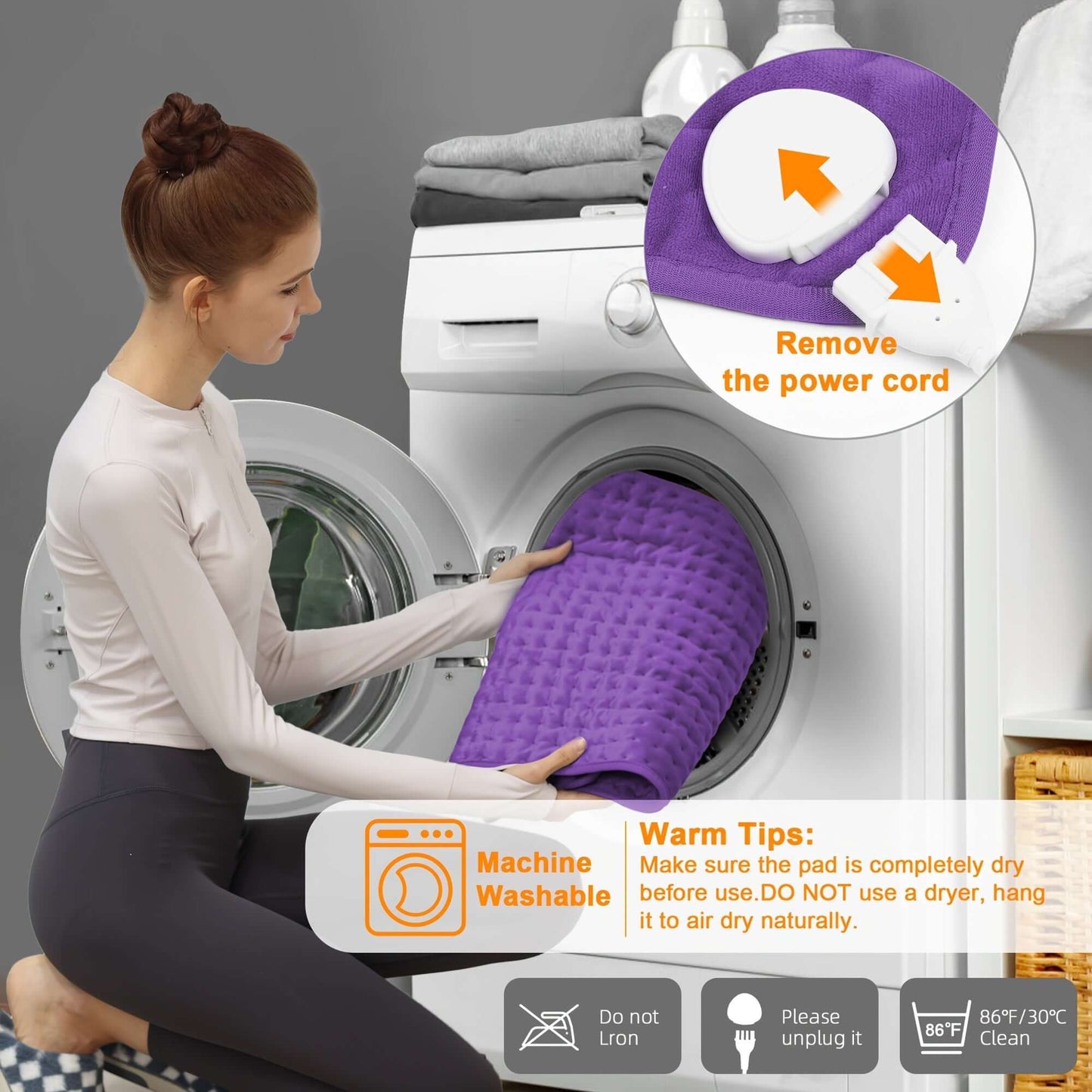 Woman placing an extra large electric heating pad into a washing machine, demonstrating machine washable care.
