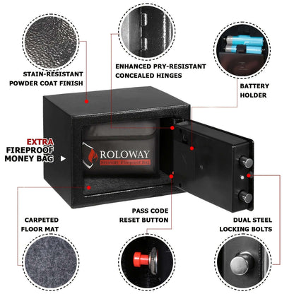 Features of heavy-duty fireproof safe with keypad including pry-resistant hinges and dual locking bolts.