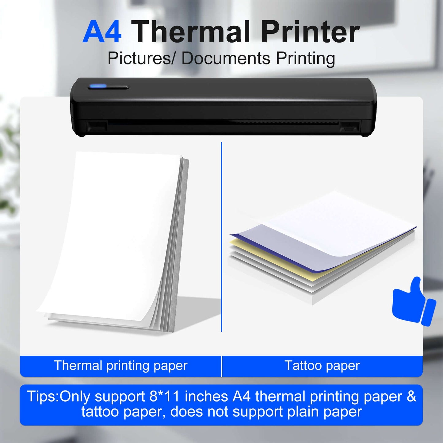 A4 thermal printer for pictures and documents printing on thermal and tattoo paper.