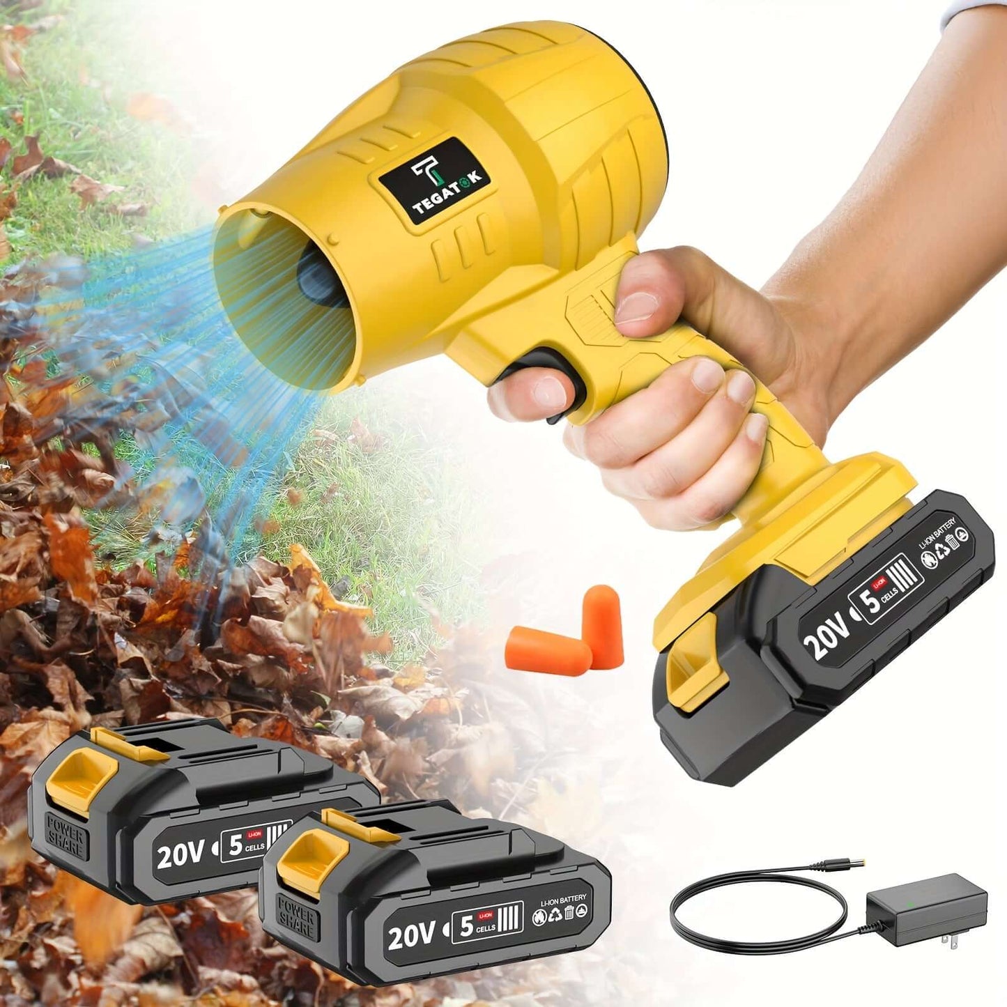 TEGATOK rechargeable battery specifications for a handheld cordless leaf blower with batteries and charger.
