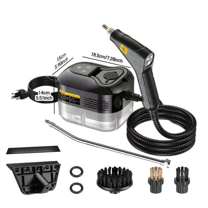 High pressure handheld steam cleaner with various attachments and tools for effective cleaning.