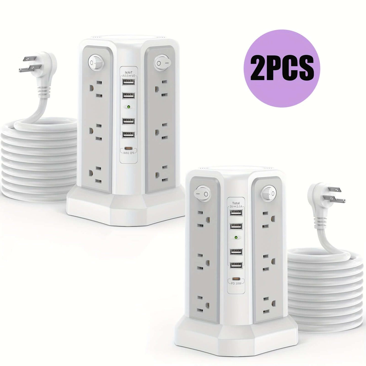 flat plug power board with USB ports and extension cord, set of 2, ideal for workspace organization.