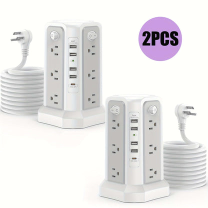 flat plug power board with USB ports and extension cord, set of 2, ideal for workspace organization.