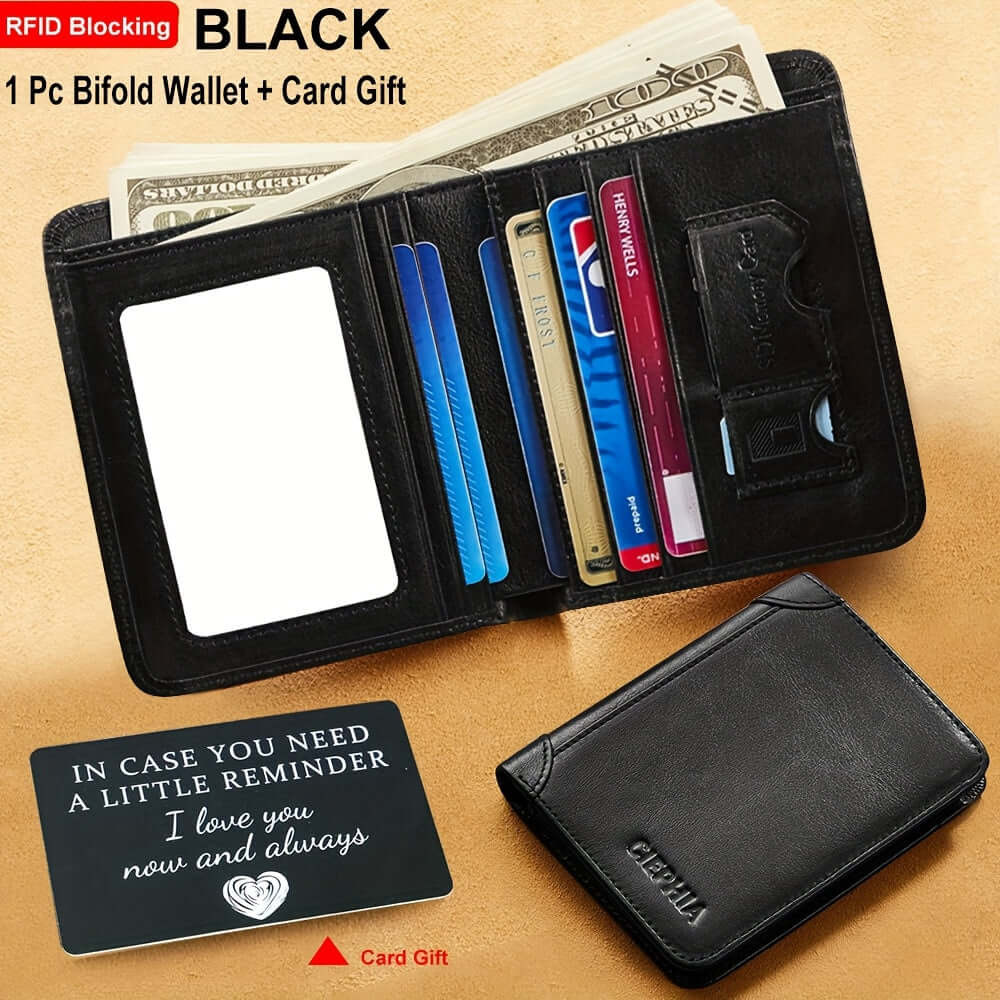 RFID leather wallet for men, bifold with card holder, black, includes card gift.