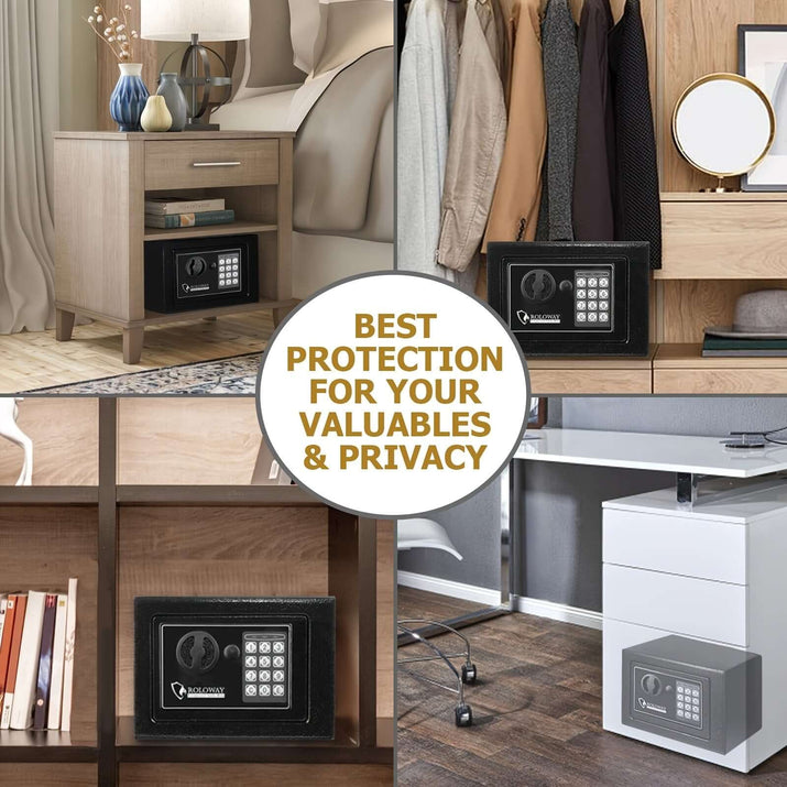 heavy-duty fireproof safe with keypad displayed in different home settings, emphasizing security for valuables and privacy.