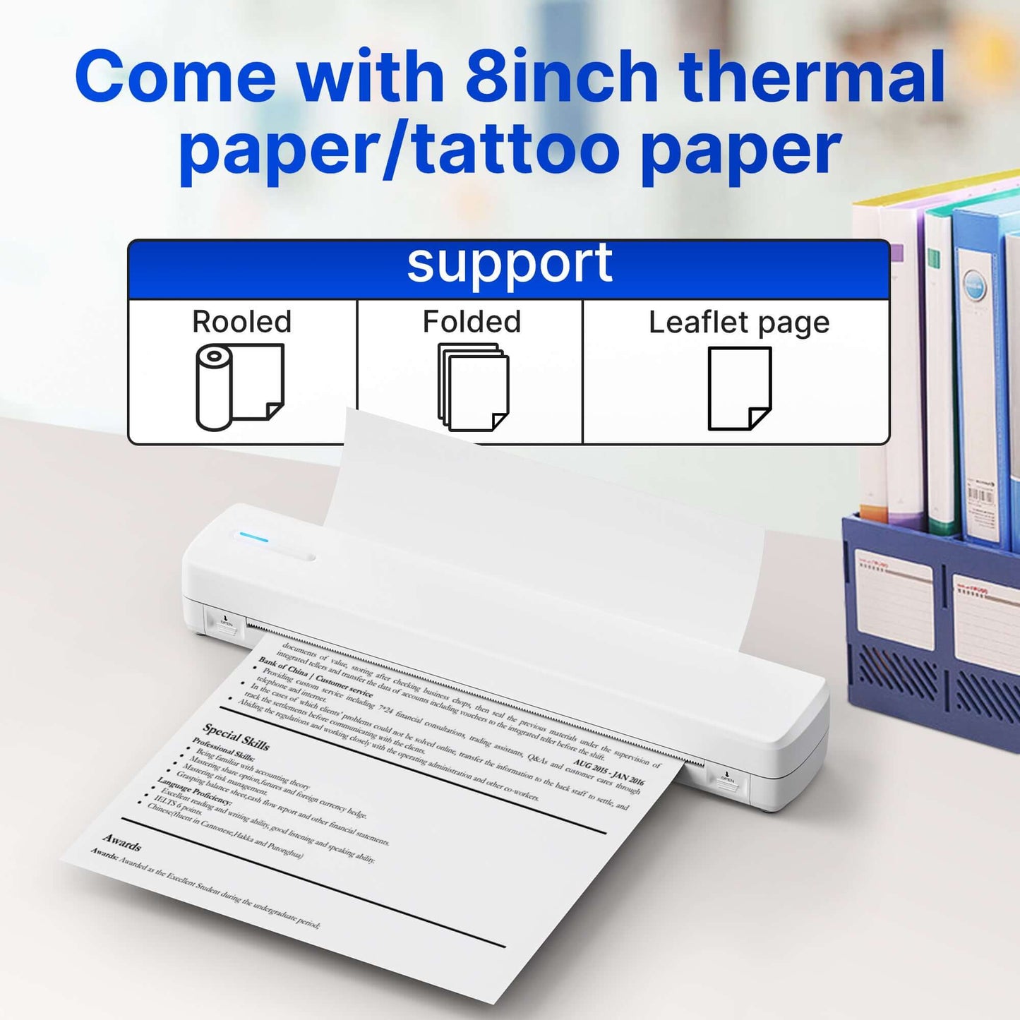 Portable wireless travel printer with 8-inch thermal paper/tattoo paper features and options displayed.