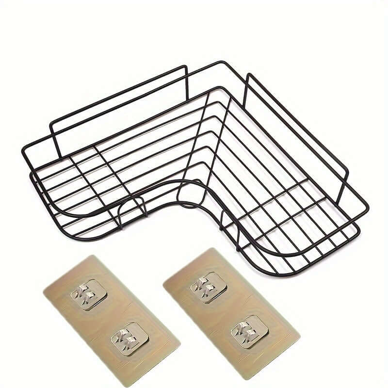 Cast iron shower shelf designed for corner use, includes mounting hardware for easy installation.