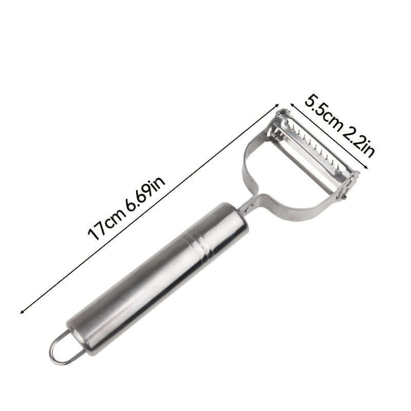 Stainless steel restaurant cookware vegetable peeler with ergonomic handle and sharp blade dimensions.