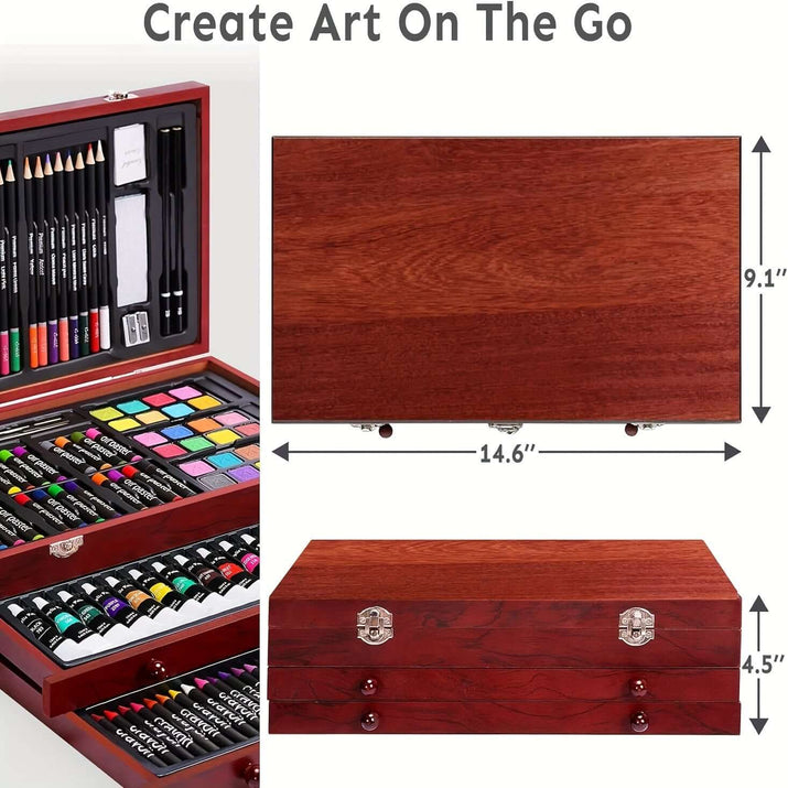 PASAMIC non-toxic art supplies storage box with pencils, paints, and markers for creating art on the go.