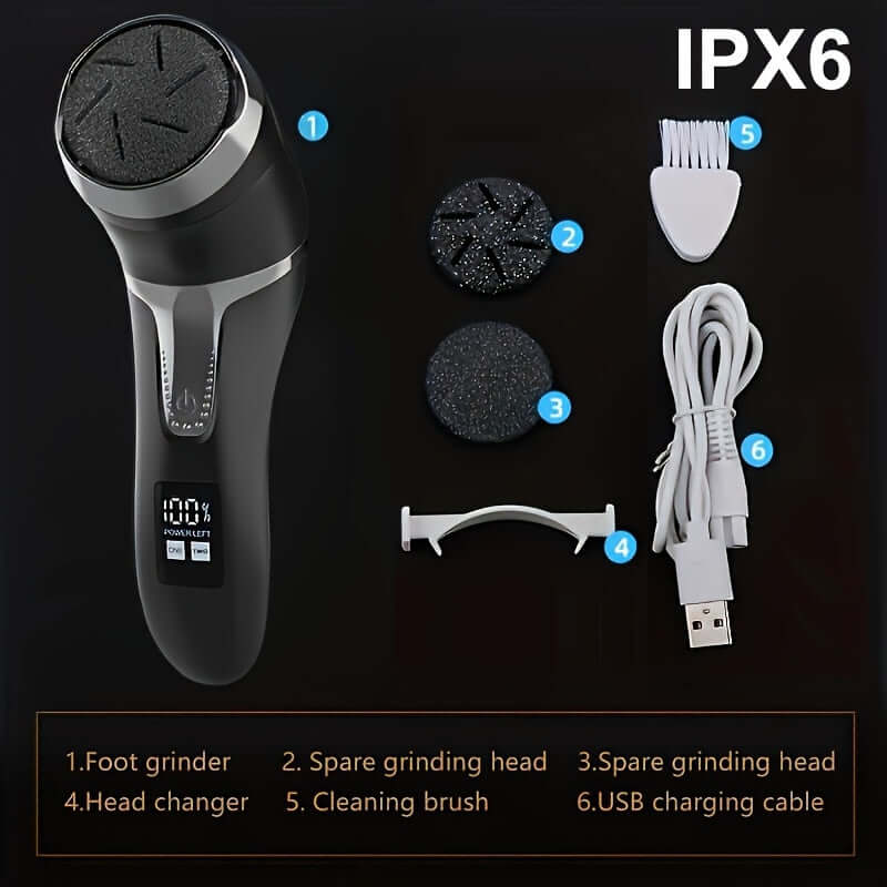 Electric foot callus remover kit with foot grinder, spare grinding heads, cleaning brush, and USB charging cable
