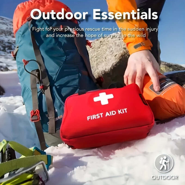 Outdoor activities featuring a portable first aid kit for outdoor activities on rocky terrain.