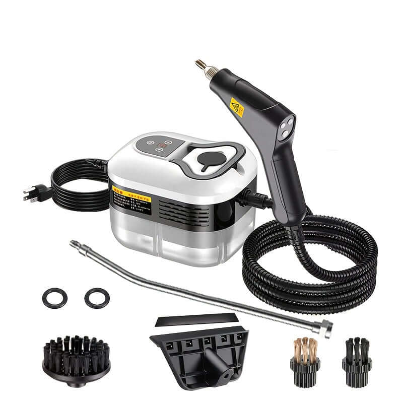 High pressure handheld steam cleaner with various attachments and hose for versatile cleaning.
