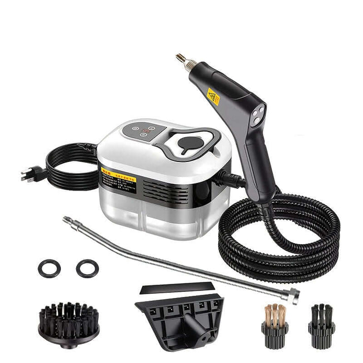 High pressure handheld steam cleaner with various attachments and hose for versatile cleaning.