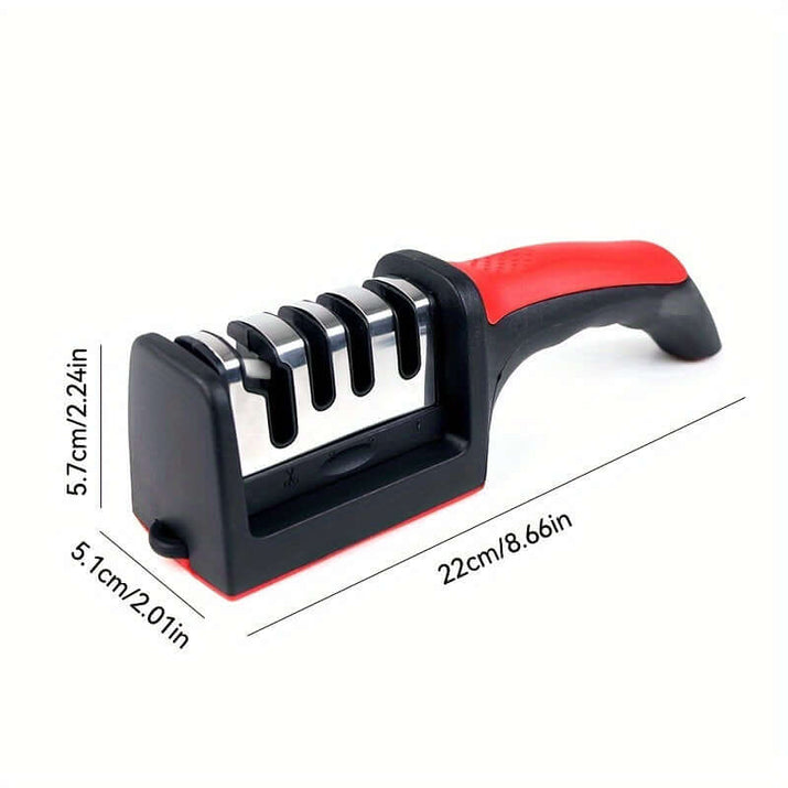 Professional knife sharpener with a black and red ergonomic handle and multiple sharpening slots.