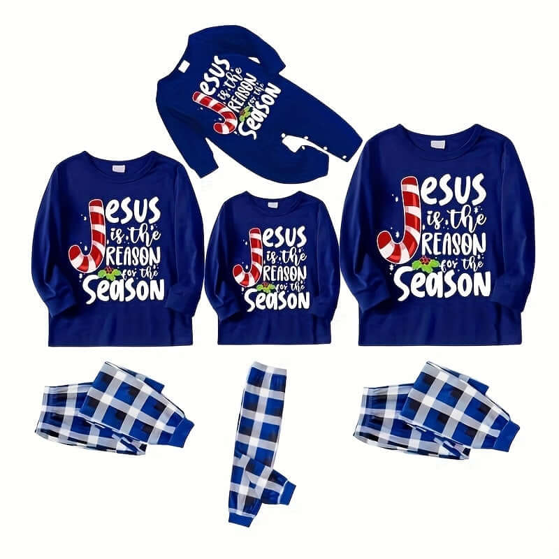 Family matching Christmas pajamas featuring festive designs and coordinating blue colors.