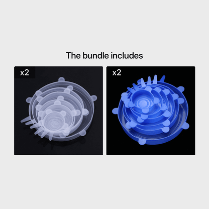 silicone food storage covers bundle includes two clear and two blue silicone covers for food storage.