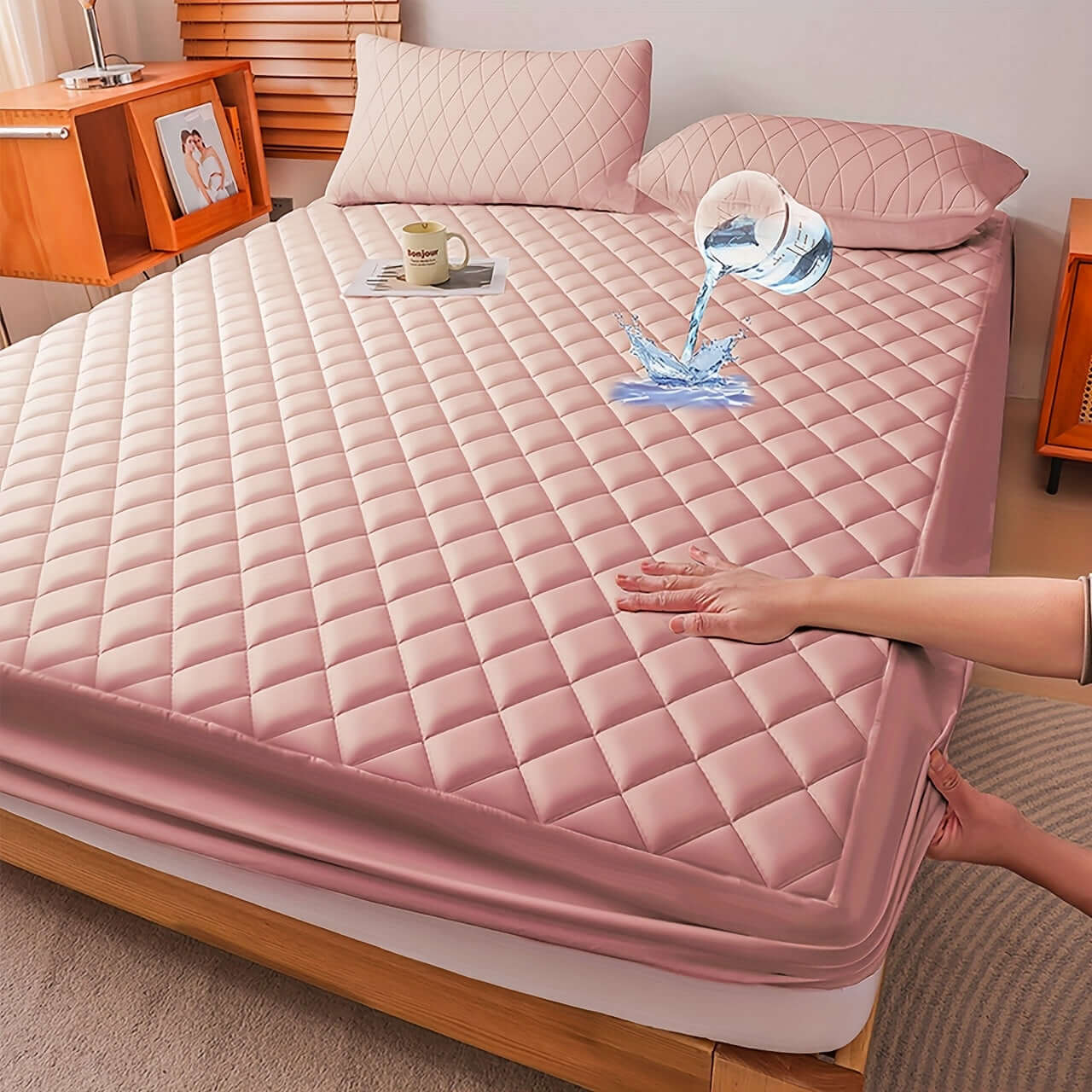 Ultrasonic embossed polyester fabric specifications showcased on a padded mattress with a water spill demonstration.