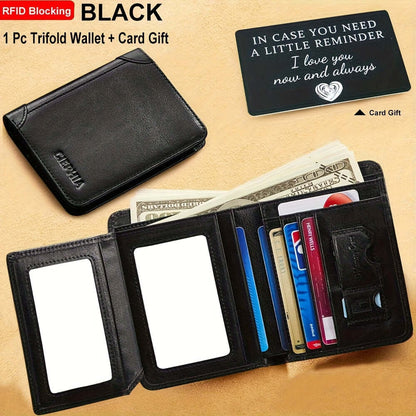 RFID leather wallet for men in black, featuring a trifold design, card slots, and cash compartment, includes a card gift.