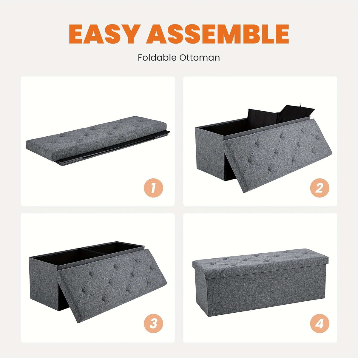 Easy assemble storage ottoman bench featuring a foldable design with ample storage space.