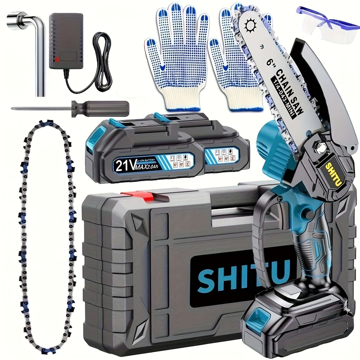 Cordless mini chainsaw kit including battery, gloves, charger, and safety glasses for outdoor activities.