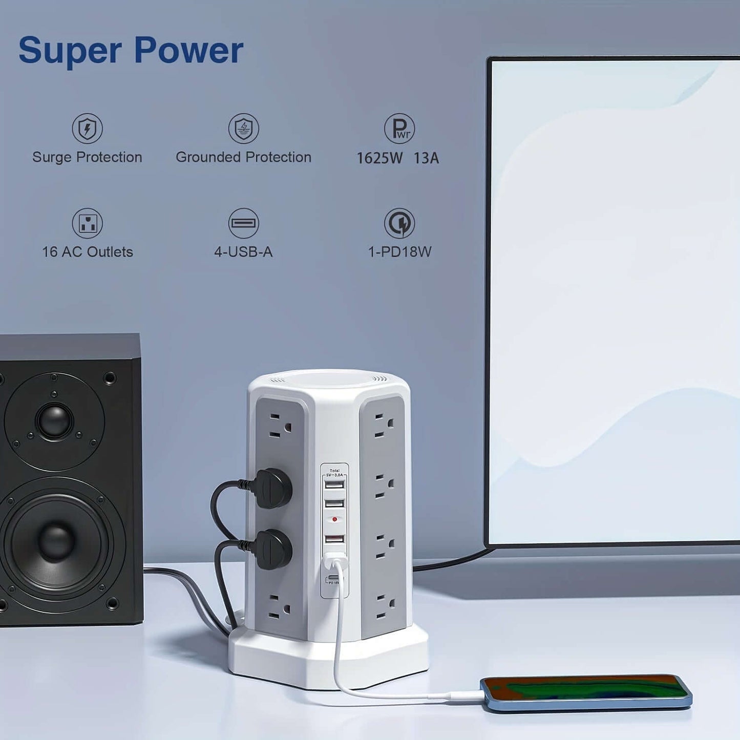 Flat plug power board with USB ports featuring 16 AC outlets, 4 USB-A ports, and surge protection.