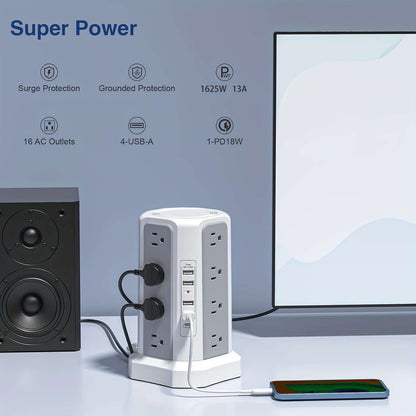 Flat plug power board with USB ports featuring 16 AC outlets, 4 USB-A ports, and surge protection.