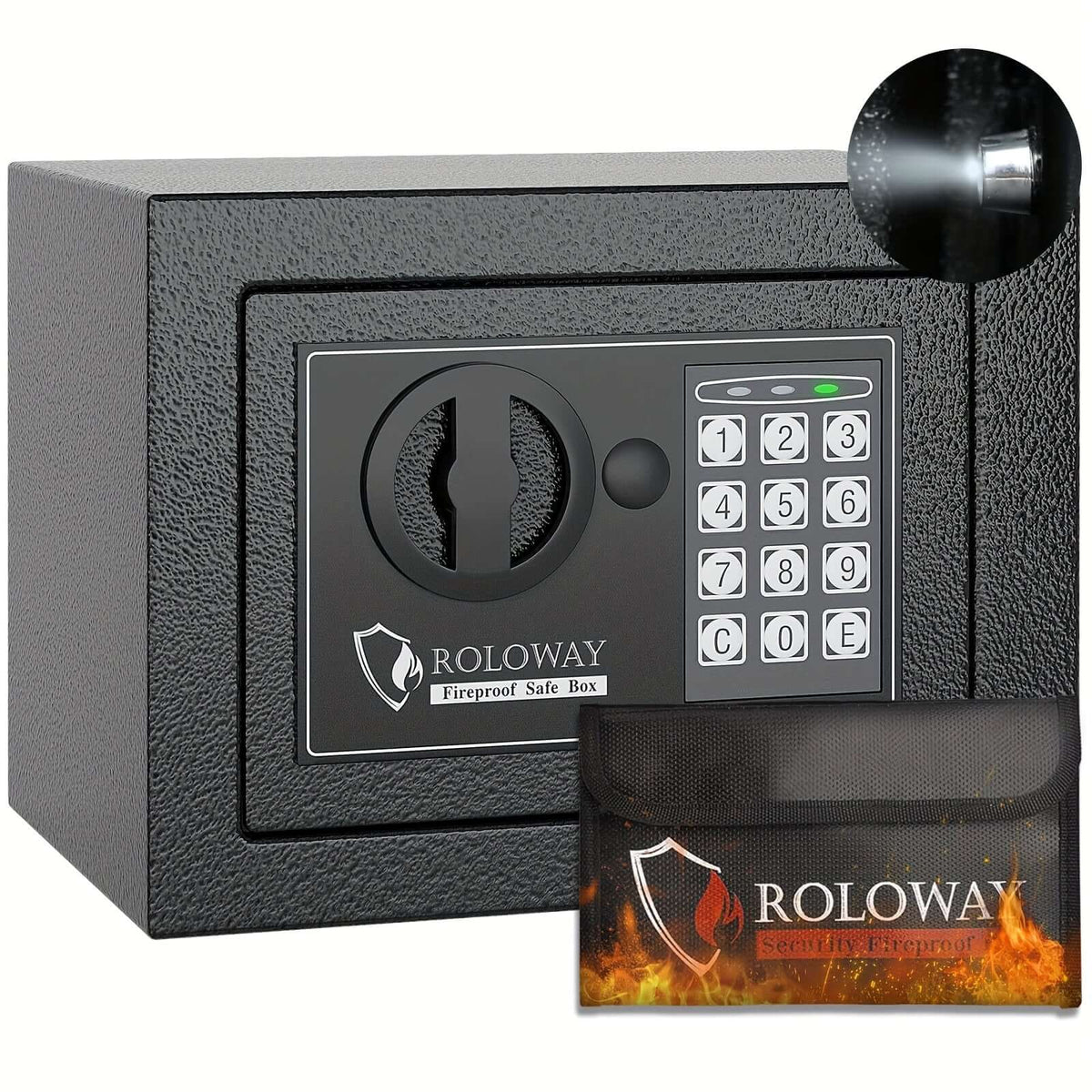 heavy-duty fireproof safe with keypad featuring a digital lock and protective pouch.