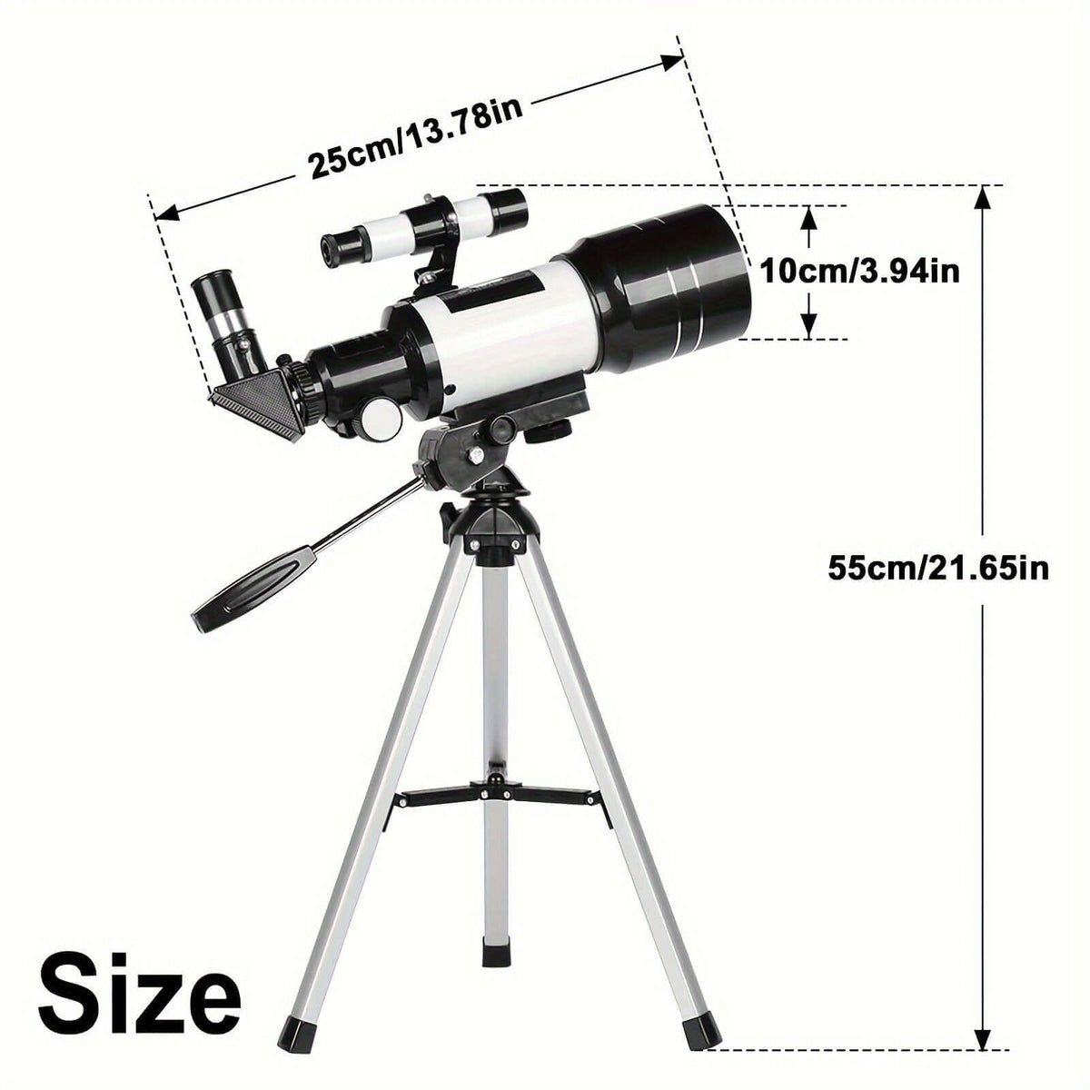 Portable 150X telescope with tripod dimensions showing size and features for easy star gazing.