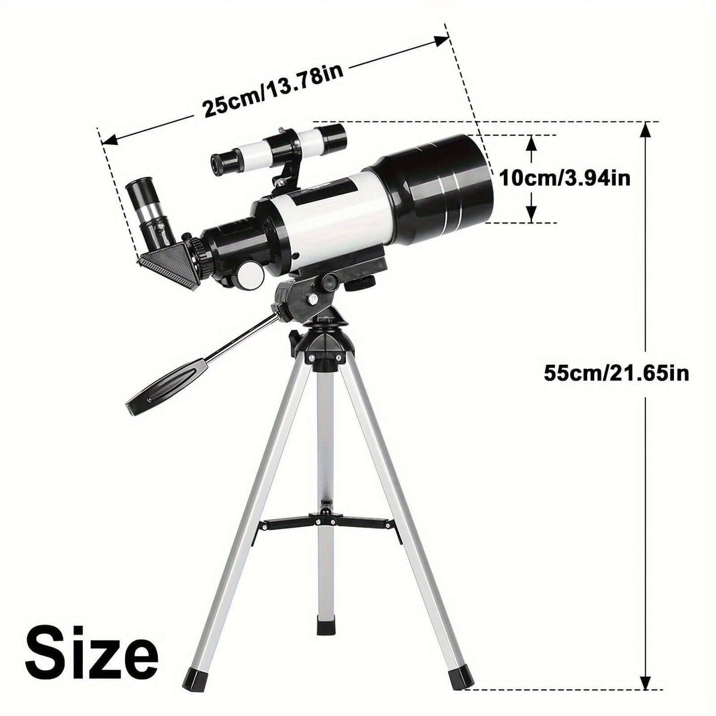 Portable 150X telescope with tripod dimensions showing size and features for easy star gazing.