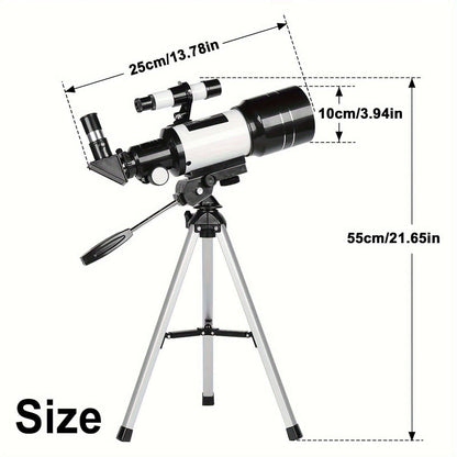 Portable 150X telescope with tripod dimensions showing size and features for easy star gazing.
