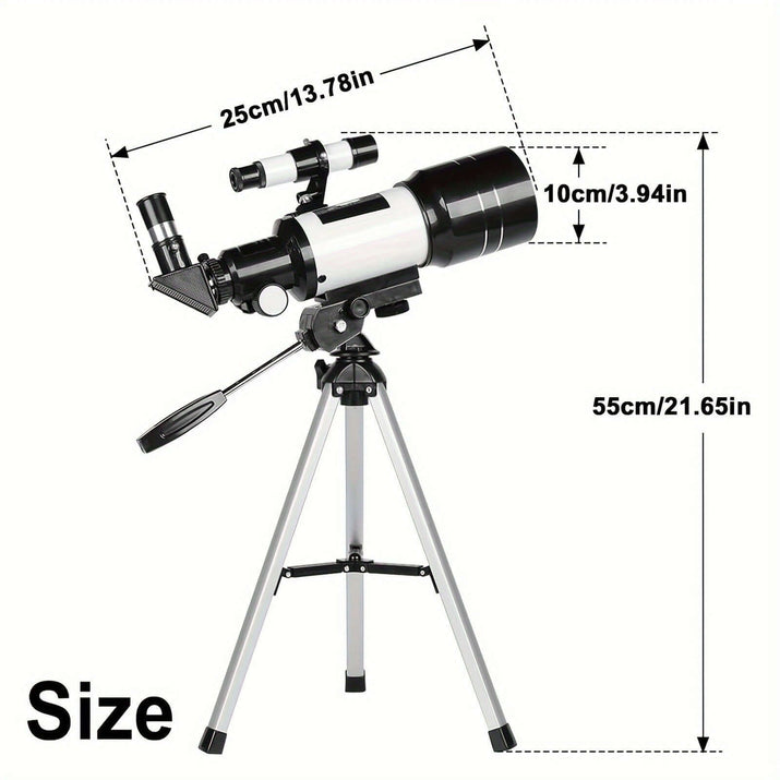 Portable 150X telescope with tripod dimensions showing size and features for easy star gazing.