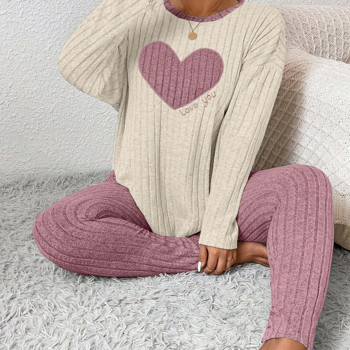 Stylish plus size heart fitted loungewear featuring a heart graphic in cozy fabric, perfect for relaxation and comfort.