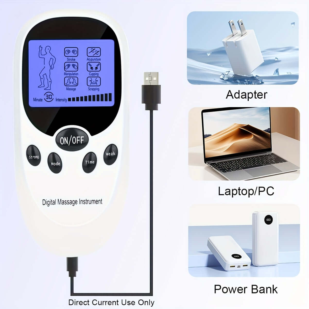 CESLIFF TENS EMS muscle stimulator digital massage instrument with connection options to adapter, laptop, and power bank