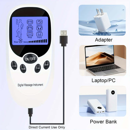 CESLIFF TENS EMS muscle stimulator digital massage instrument with connection options to adapter, laptop, and power bank