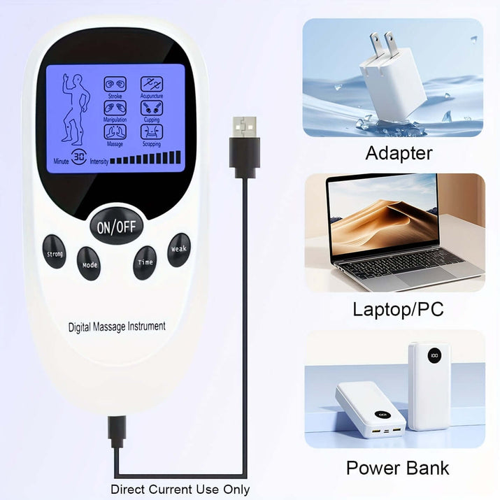 CESLIFF TENS EMS muscle stimulator digital massage instrument with connection options to adapter, laptop, and power bank