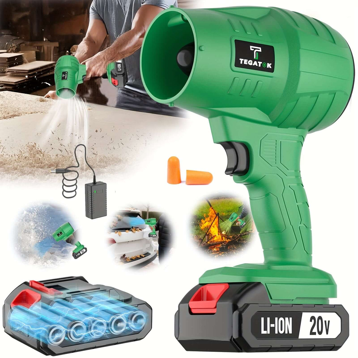 TEGATOK rechargeable battery specifications showcasing a green handheld device in use with battery pack and accessories.