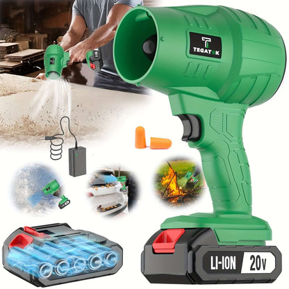 TEGATOK rechargeable battery specifications showcasing a green handheld device in use with battery pack and accessories.