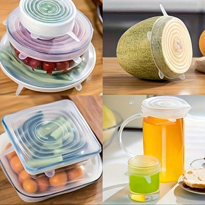 Silicone food storage covers for various containers and foods on a kitchen table, enhancing freshness and convenience.