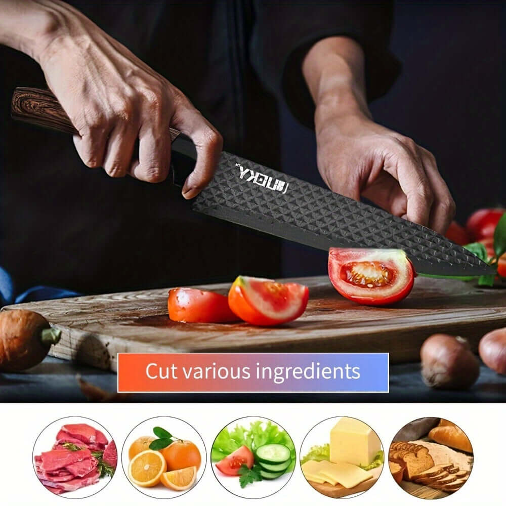 Professional kitchen knife set being used to cut tomatoes and various ingredients on a cutting board.